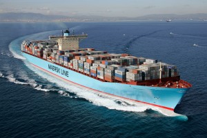 Estelle Maersk on her maiden voyage. Departing Algeciras for the Suez on the 27th November 2006 Picture must be credited Simon Burchett www.channelphotography.com